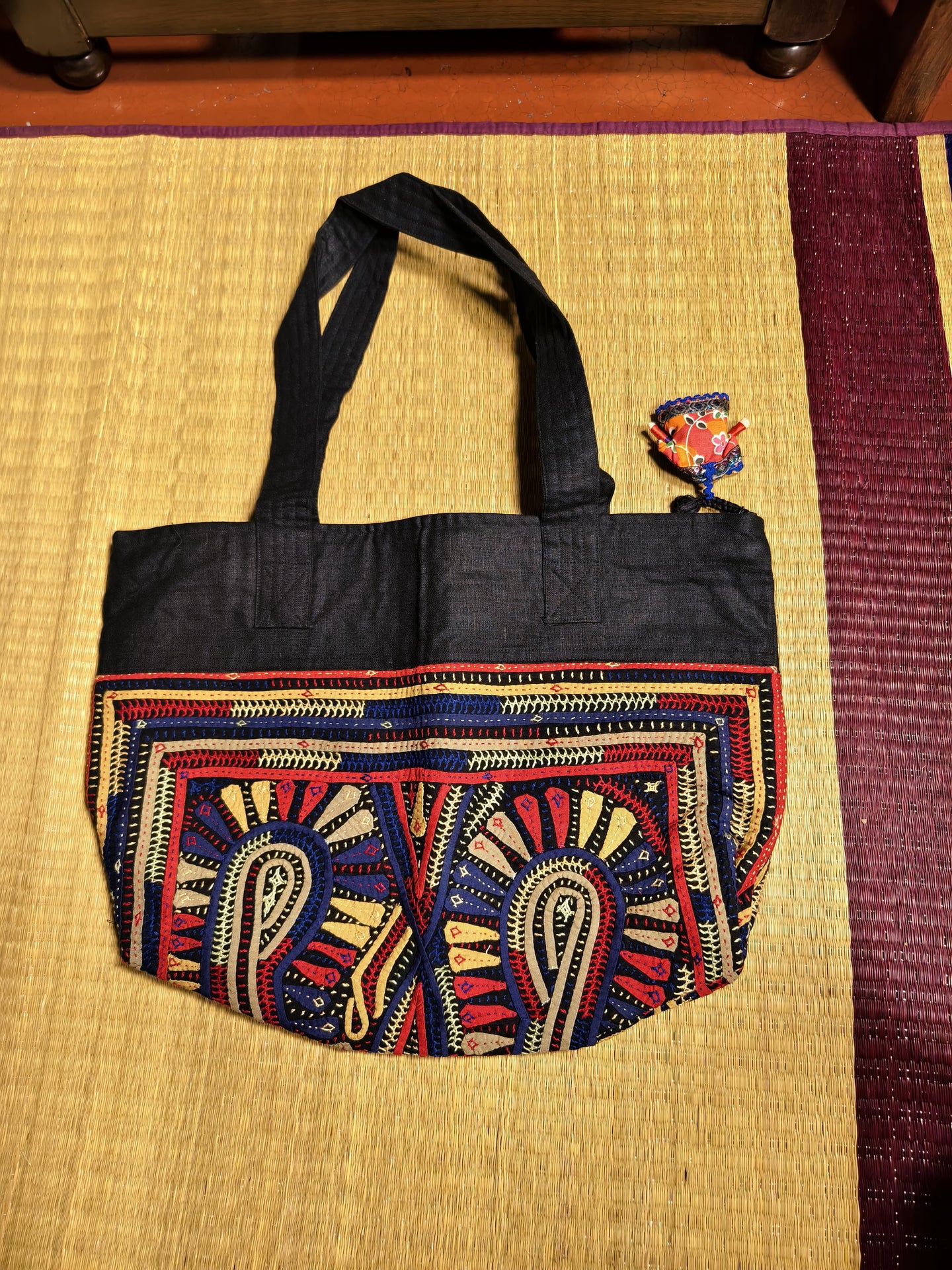 Linen Black Kutch Hand-Embroidered Big Tote Bag